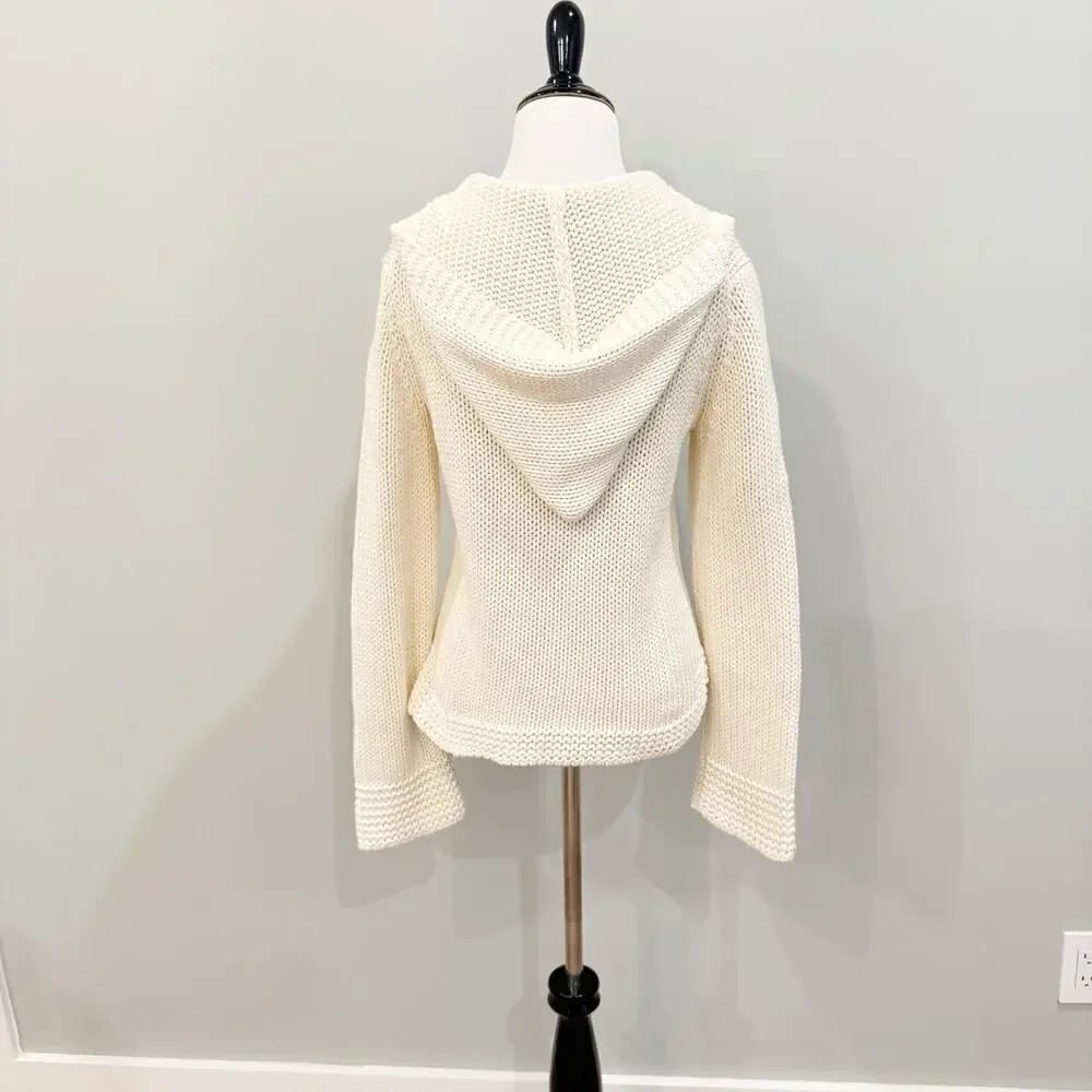 Vintage Y2K GAP Ivory Cotton Fisherman Sweater M Hooded Cable Knit Bell Sleeve